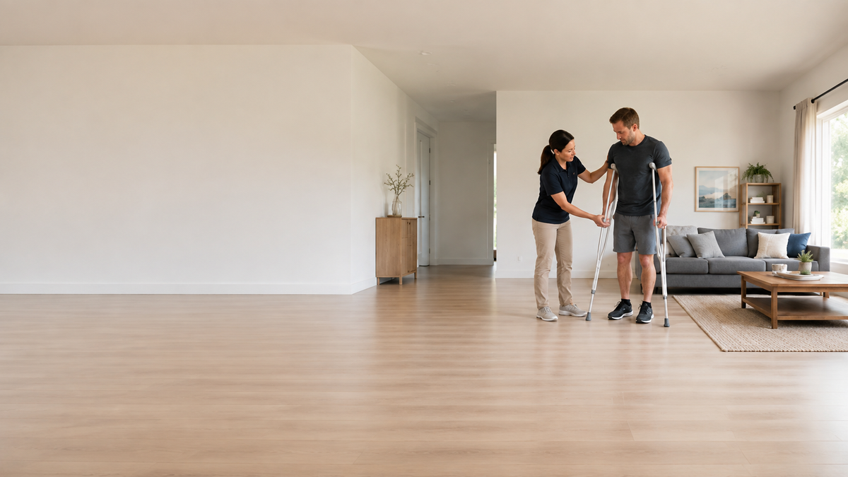 Caregiver checking the fit and height of underarm crutches for an adult standing in a bright living room.