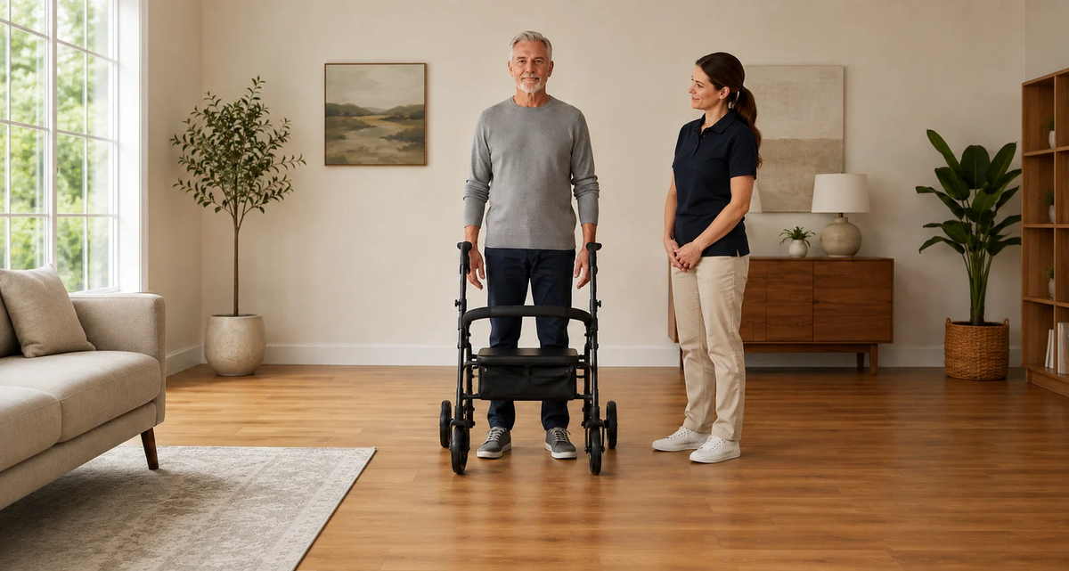 Older man standing behind a rollator walker while a caregiver checks handle height and posture in a bright living room.