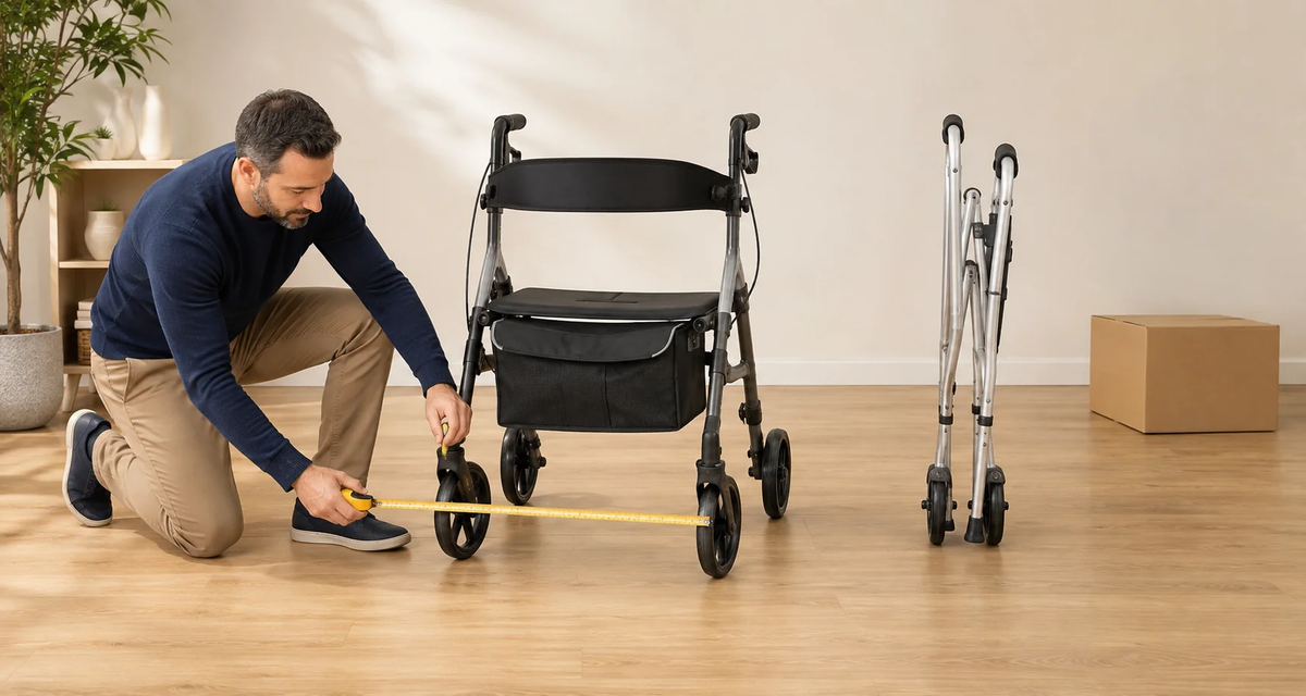 Man measuring the overall width of a rollator walker with a folded walker and storage box nearby.