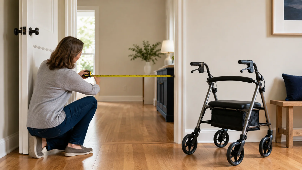 Woman measuring the clear width of an interior doorway with a rollator walker positioned nearby.