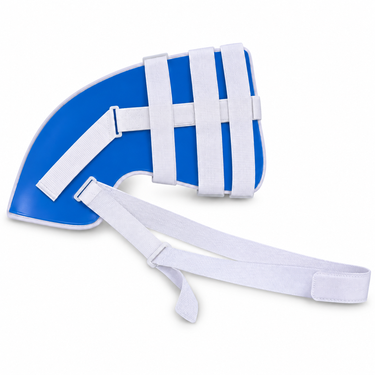 DeepTireh DT-A005 blue adjustable shoulder brace with white straps and a contoured shoulder panel on a white background