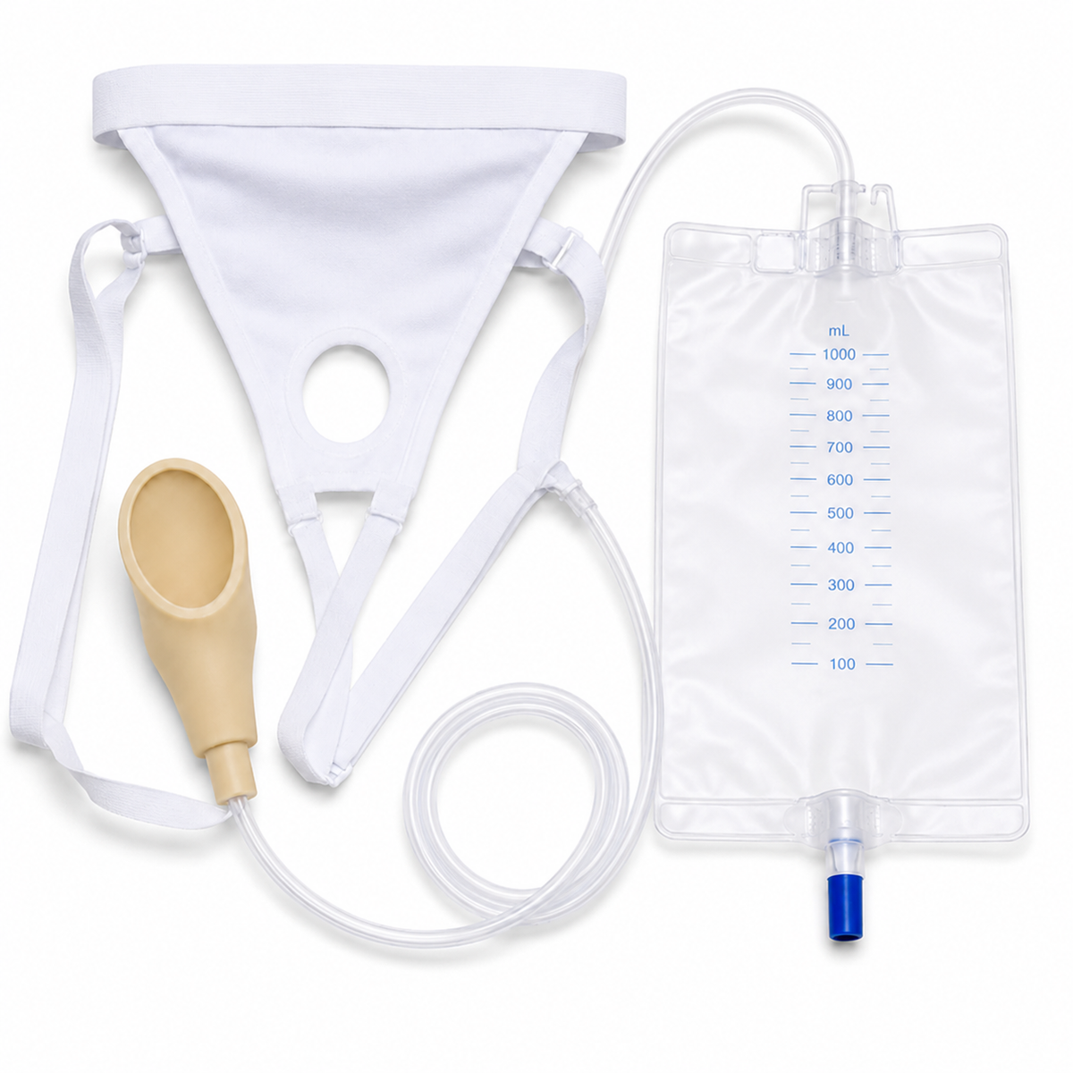 DeepTireh DT-B006 external male urine collection kit with a white positioning garment, contoured interface, clear tubing, and graduated 1000 mL drainage bag
