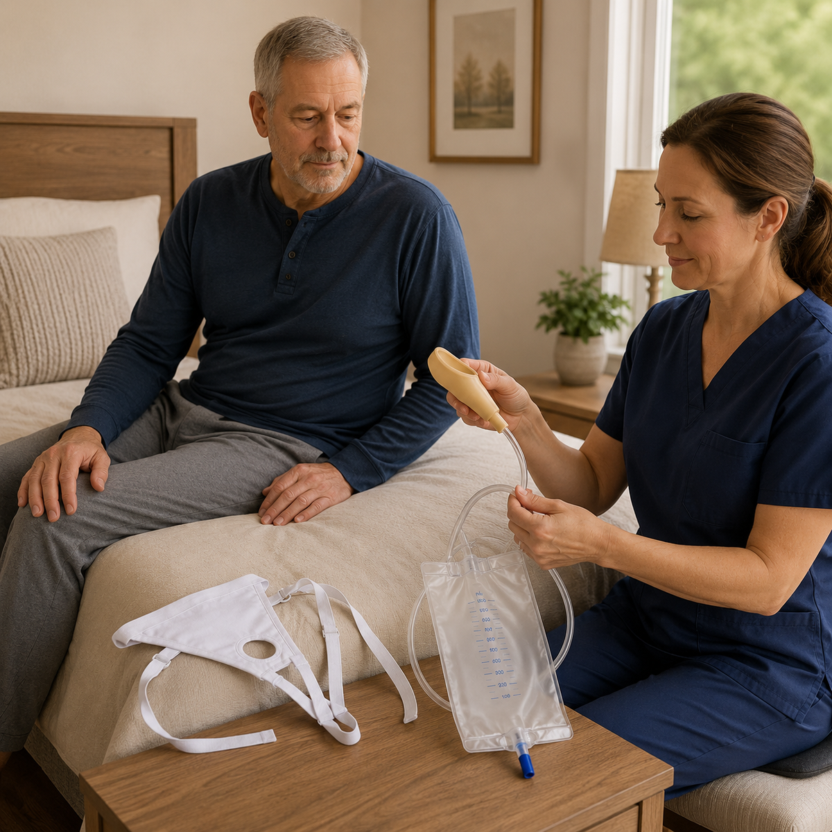 Caregiver demonstrating the external male interface and tubing of the DeepTireh DT-B006 urine collection kit beside a seated older man