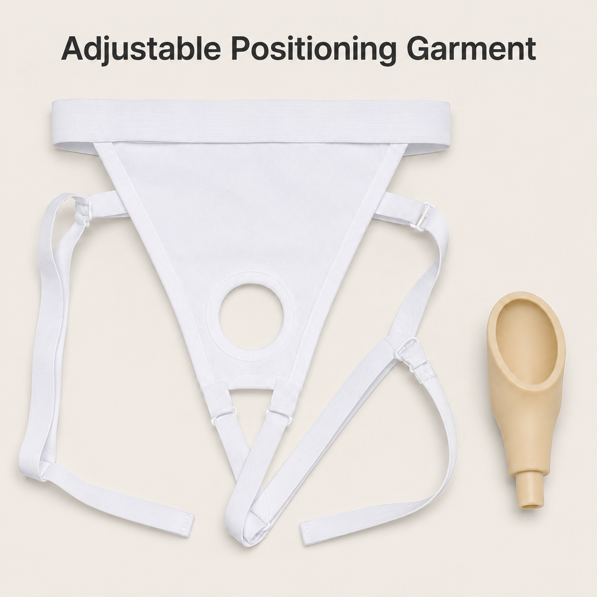 DeepTireh DT-B006 white adjustable positioning garment displayed beside the external male interface