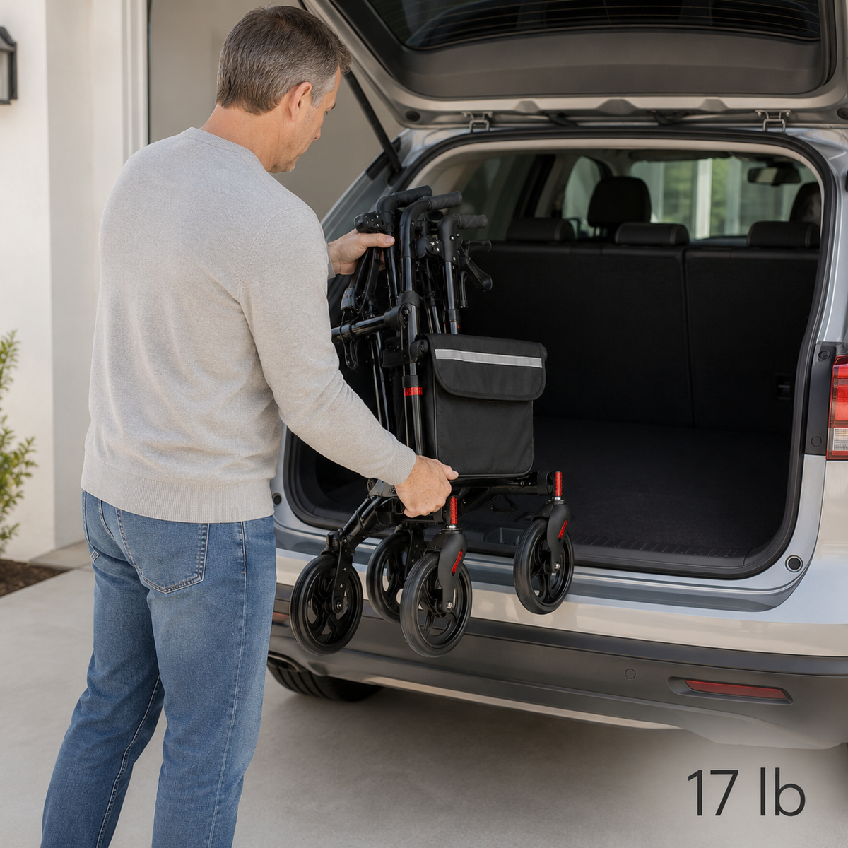 Man lifting the folded DeepTireh DT-M001 lightweight rollator walker into an SUV trunk