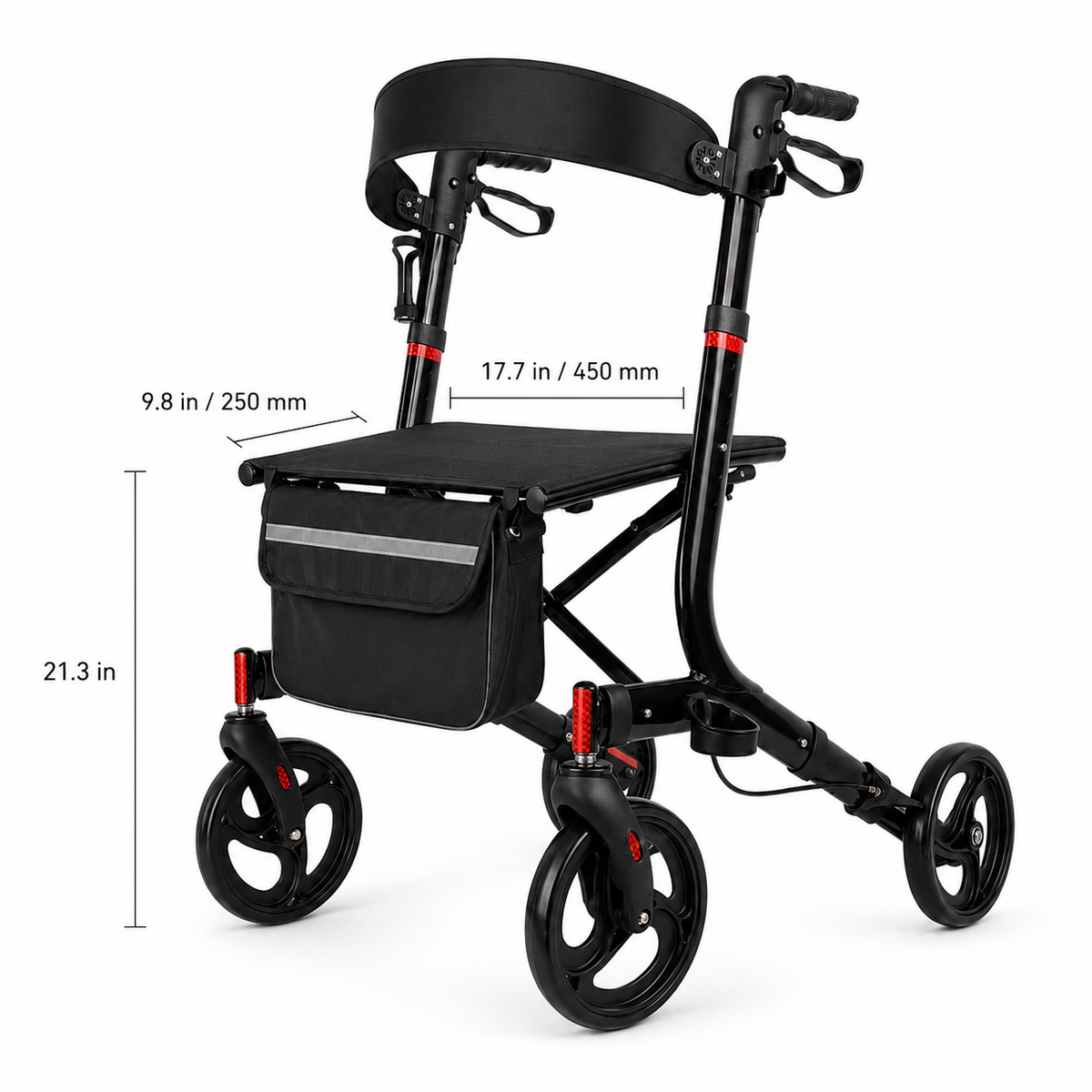 DeepTireh DT-M001 rollator seat dimensions showing 17.7-inch width, 9.8-inch depth, and 21.3-inch height