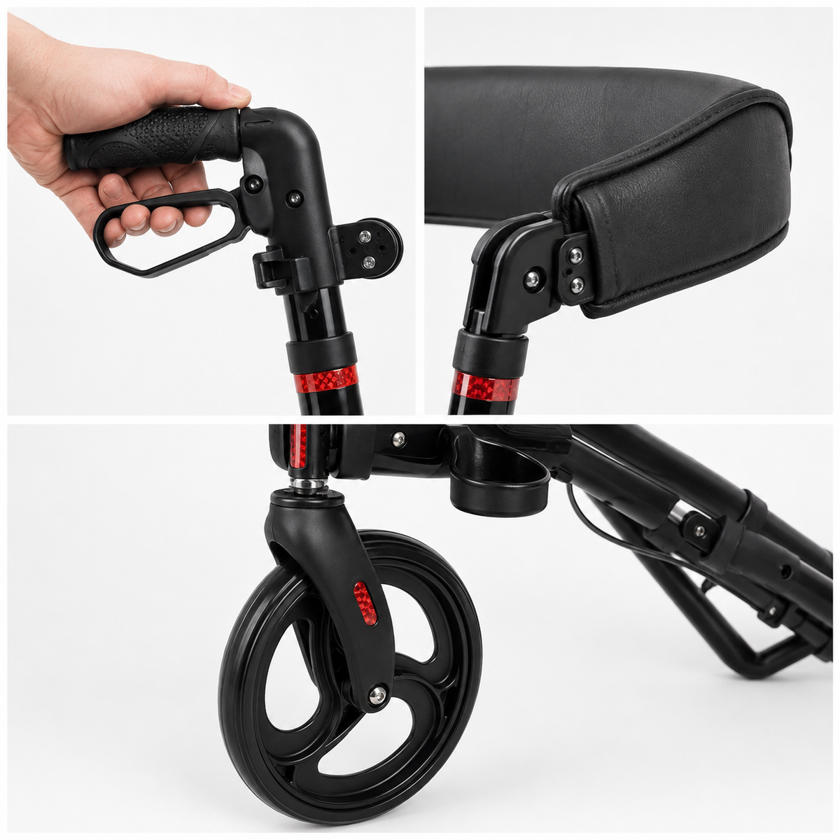 Close-up views of the DeepTireh DT-M001 hand brake, backrest, front wheel, and cup holder