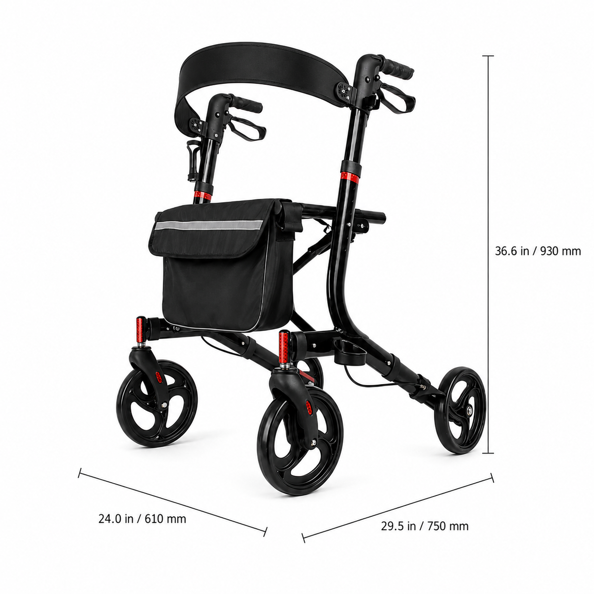 DeepTireh DT-M001 rollator dimensions showing 24-inch width, 29.5-inch depth, and 36.6-inch height