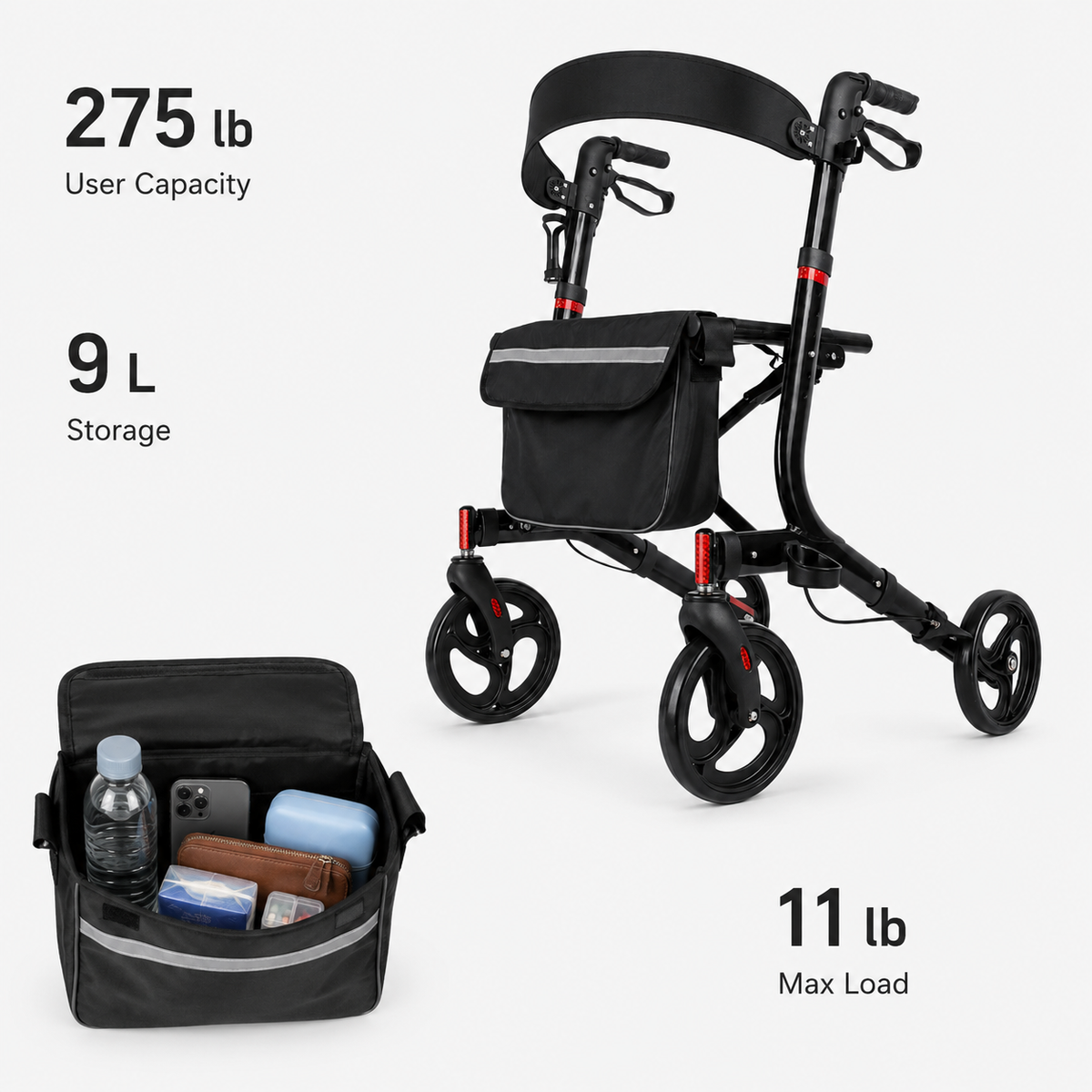 DeepTireh DT-M001 rollator with 275 lb user capacity, 9 L storage bag, and 11 lb bag load limit