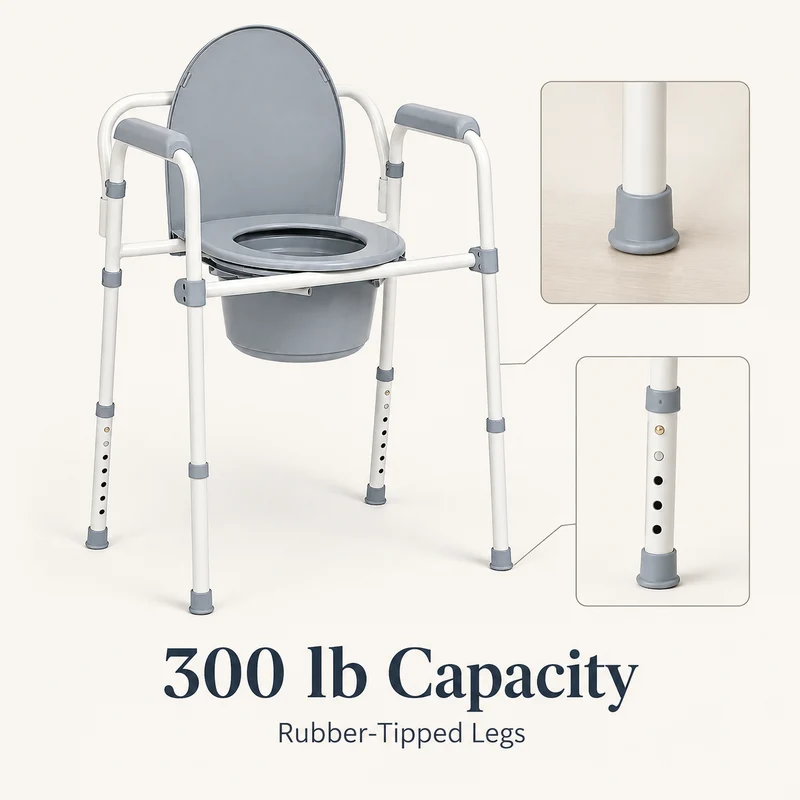 DeepTireh DT-B002 bedside commode chair with 300 lb capacity, rubber-tipped legs, and height adjustment holes