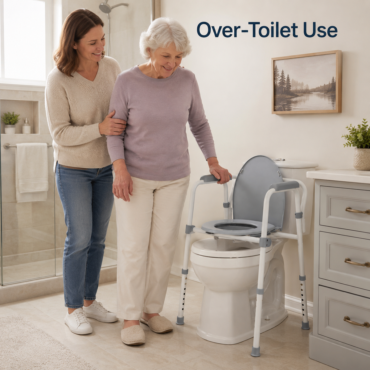 Caregiver assisting an older woman beside the DeepTireh DT-B002 commode chair positioned over a toilet