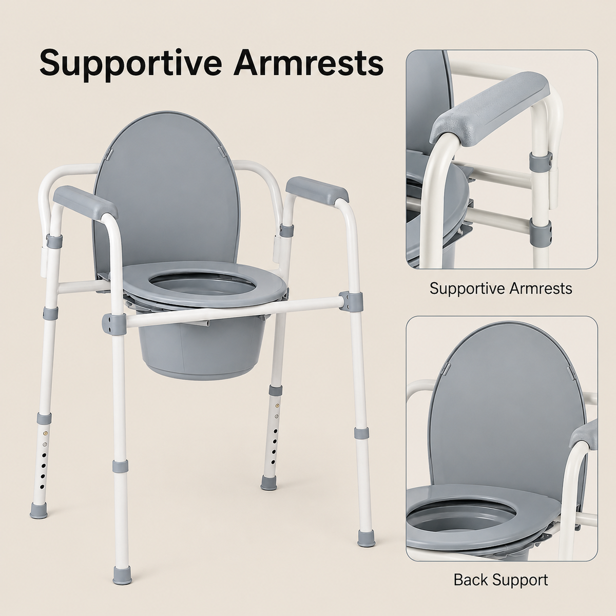 DeepTireh DT-B002 bedside commode chair with close-up views of the armrests and back support