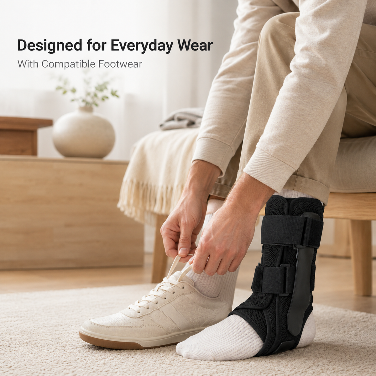 Man seated at home wearing the DeepTireh DT-A001 adjustable ankle brace while tying a low-cut shoe on the other foot