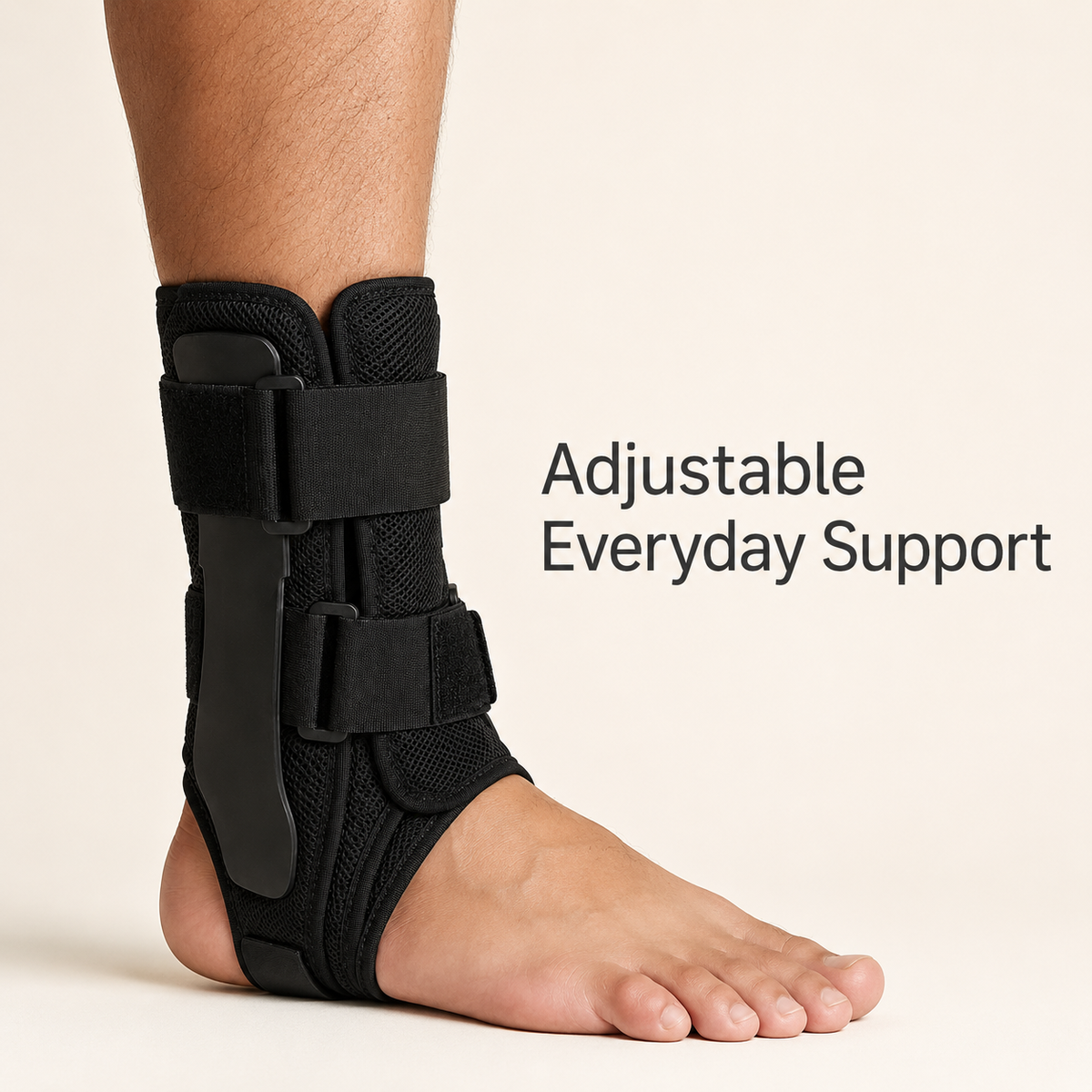 DeepTireh DT-A001 black adjustable ankle brace worn on an adult foot, showing two adjustable straps, breathable mesh, and reinforced side support