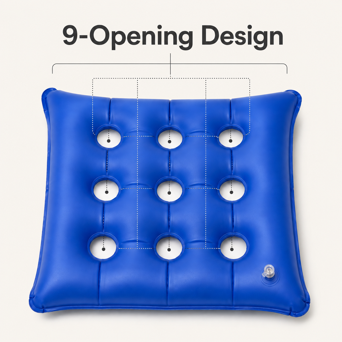 Blue DeepTireh inflatable seat cushion with nine openings and segmented air-cell construction.