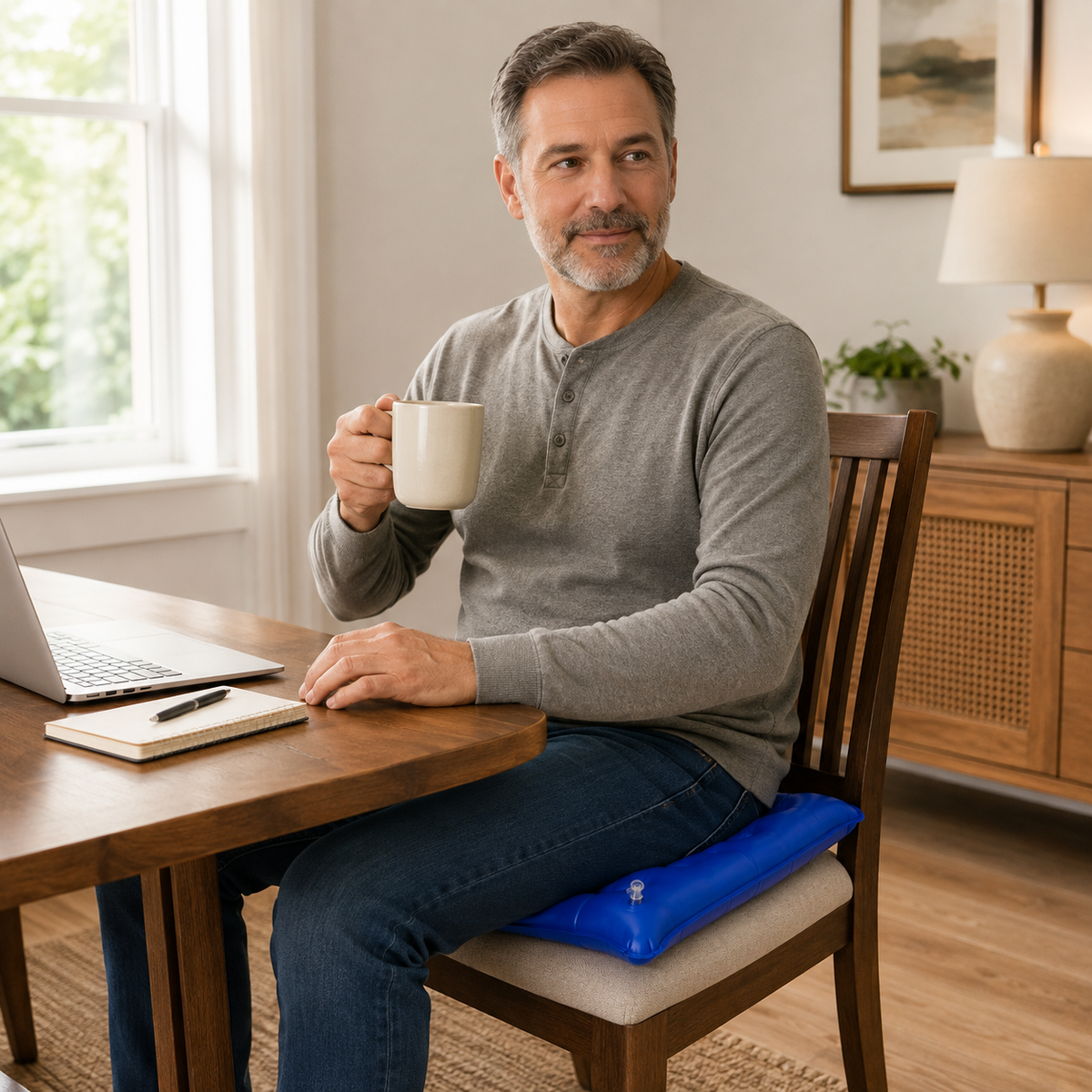 Man seated on a blue DeepTireh inflatable cushion while working at a wooden desk at home.