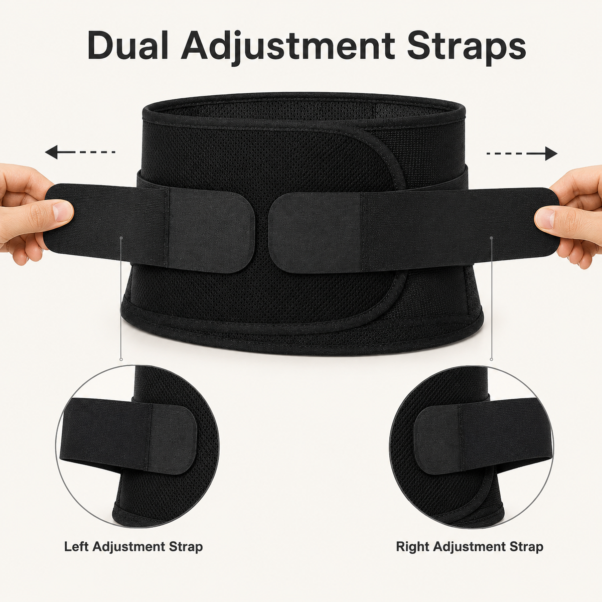 DeepTireh DT-A007 lumbar support belt with both adjustment straps extended and close-up views of the left and right strap ends