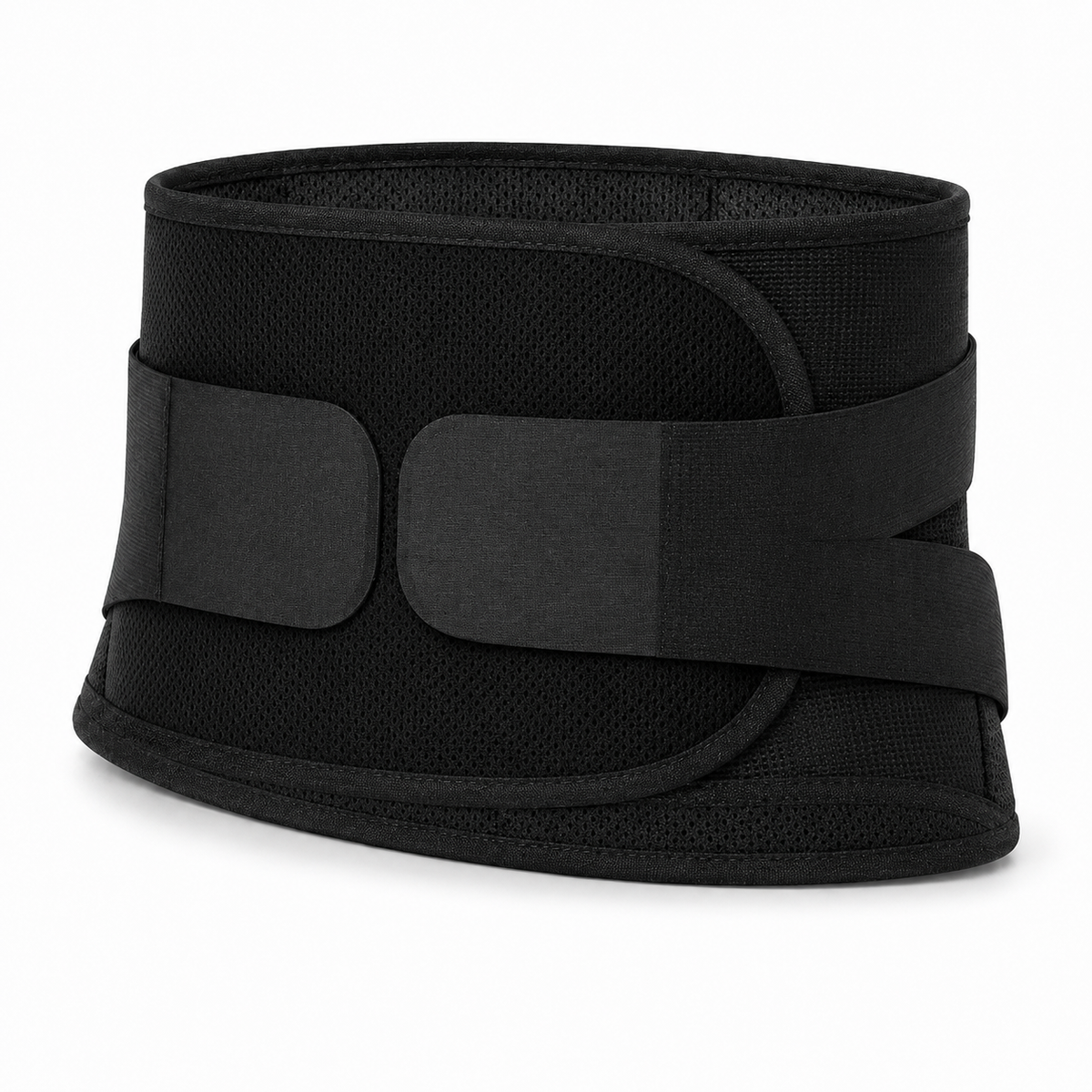DeepTireh DT-A007 black adjustable lumbar support belt with a wide mesh panel, dual pull straps, and hook-and-loop closures on a white background