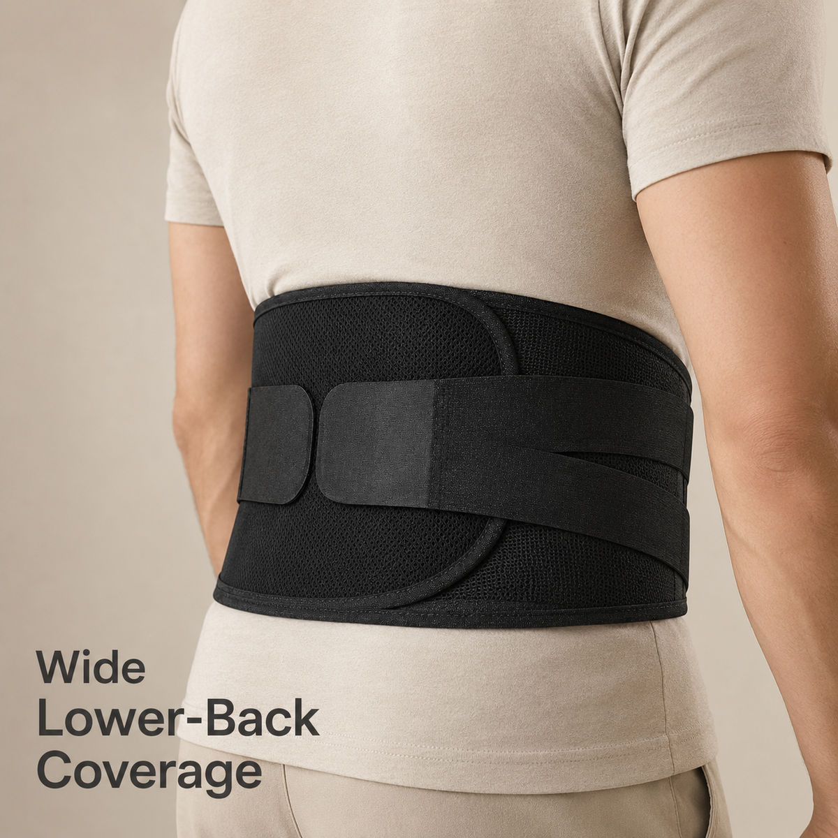 DeepTireh DT-A007 lumbar support belt worn over a shirt, showing the wide panel covering the lower back