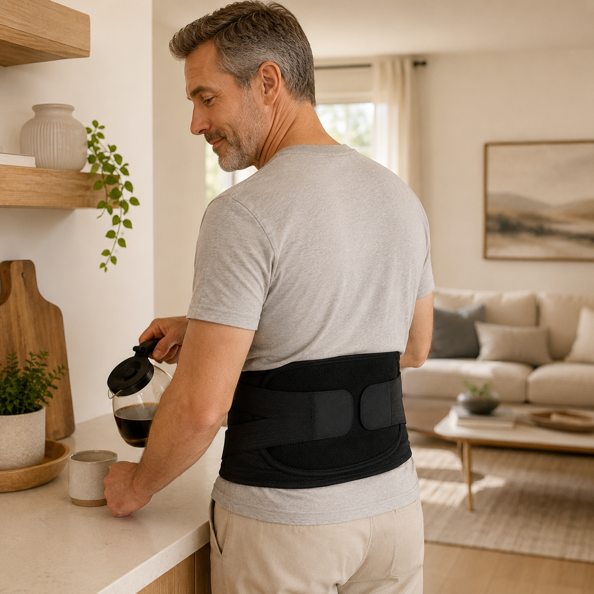Man standing at a kitchen counter wearing the DeepTireh DT-A007 lumbar support belt over a gray shirt