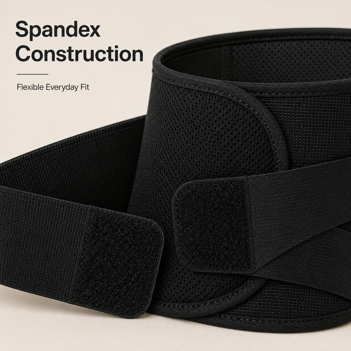 Close-up of the black mesh fabric, edge binding, and hook-and-loop straps of the DeepTireh DT-A007 lumbar support belt