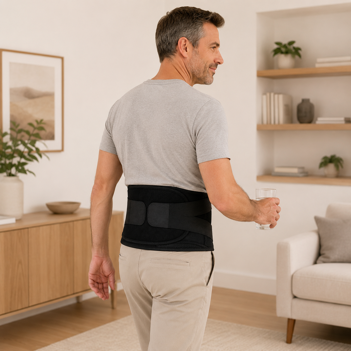 Man standing at home wearing the DeepTireh DT-A007 lumbar support belt over a gray shirt, shown from the back while holding a glass of water