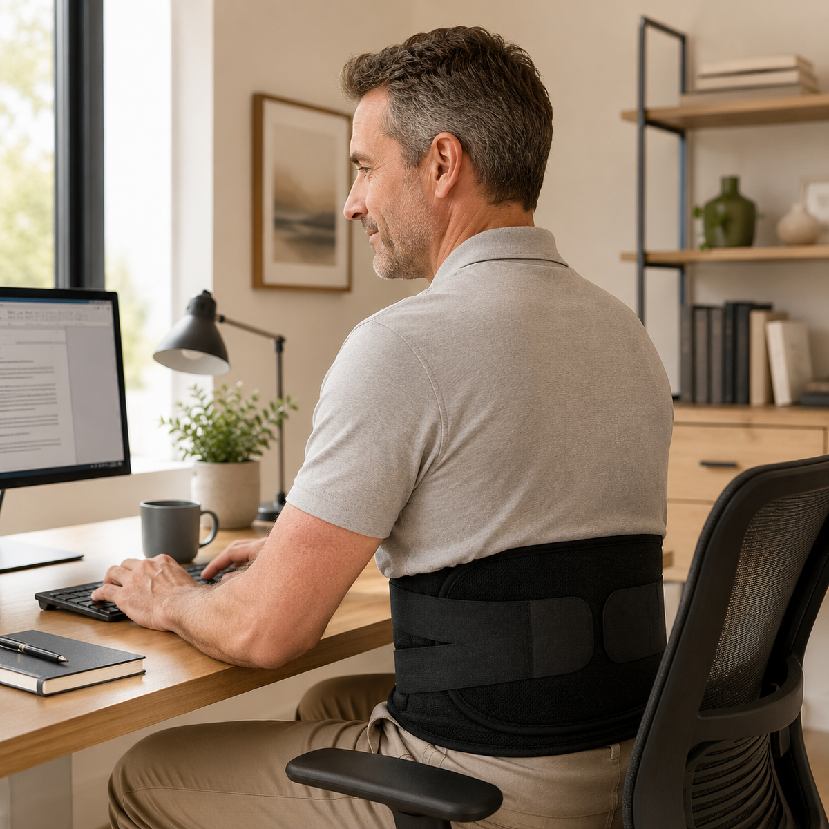 Man seated at a home-office desk wearing the DeepTireh DT-A007 lumbar support belt over a gray polo shirt, shown from the back