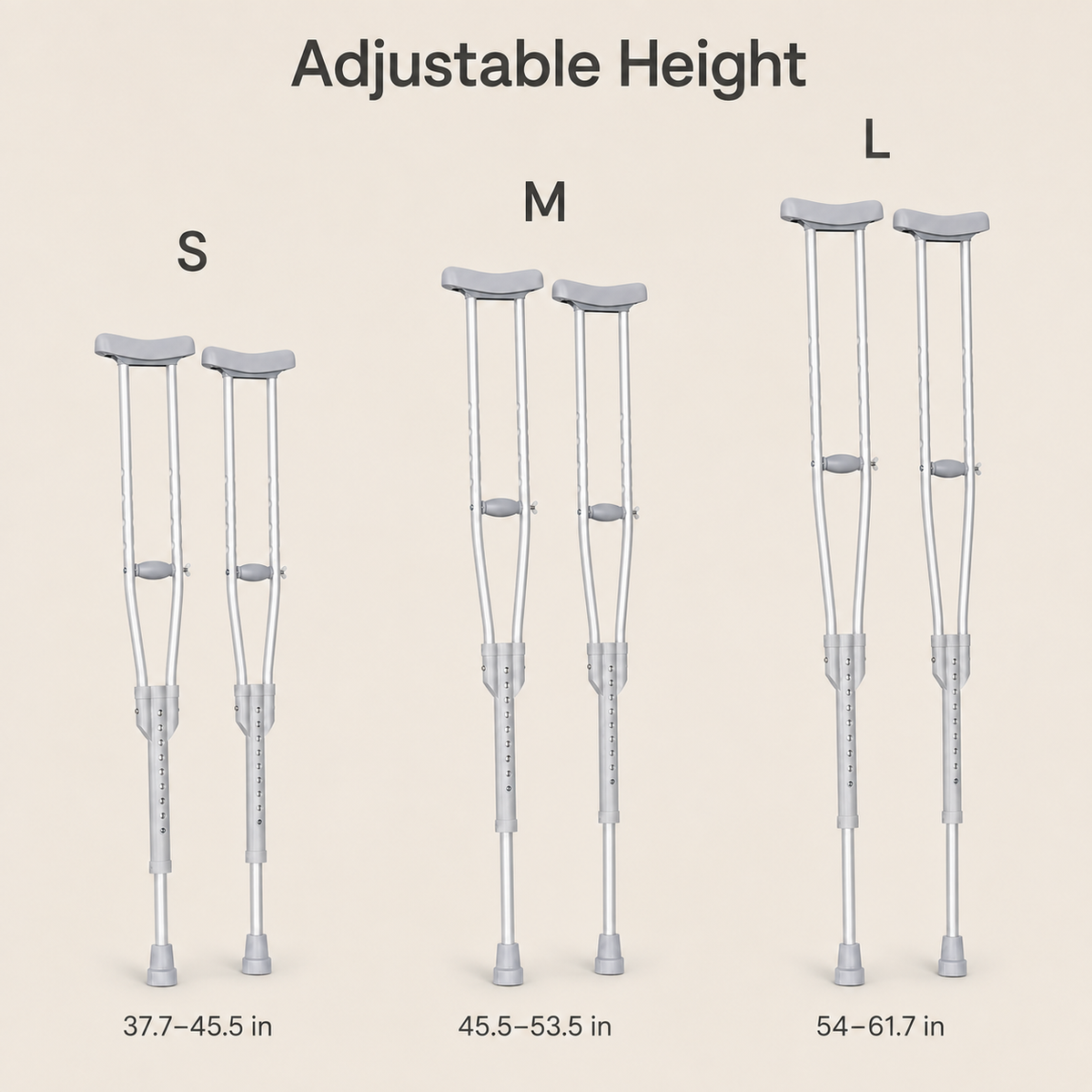 DeepTireh DT-M002 adjustable underarm crutches in small, medium, and large height ranges