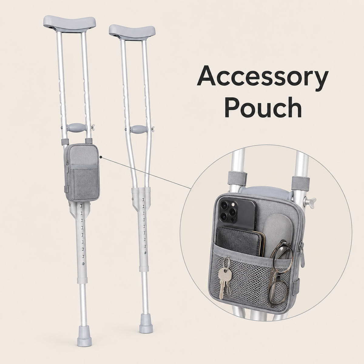 DeepTireh DT-M002 underarm crutches with an accessory pouch holding a phone, wallet, keys, and glasses