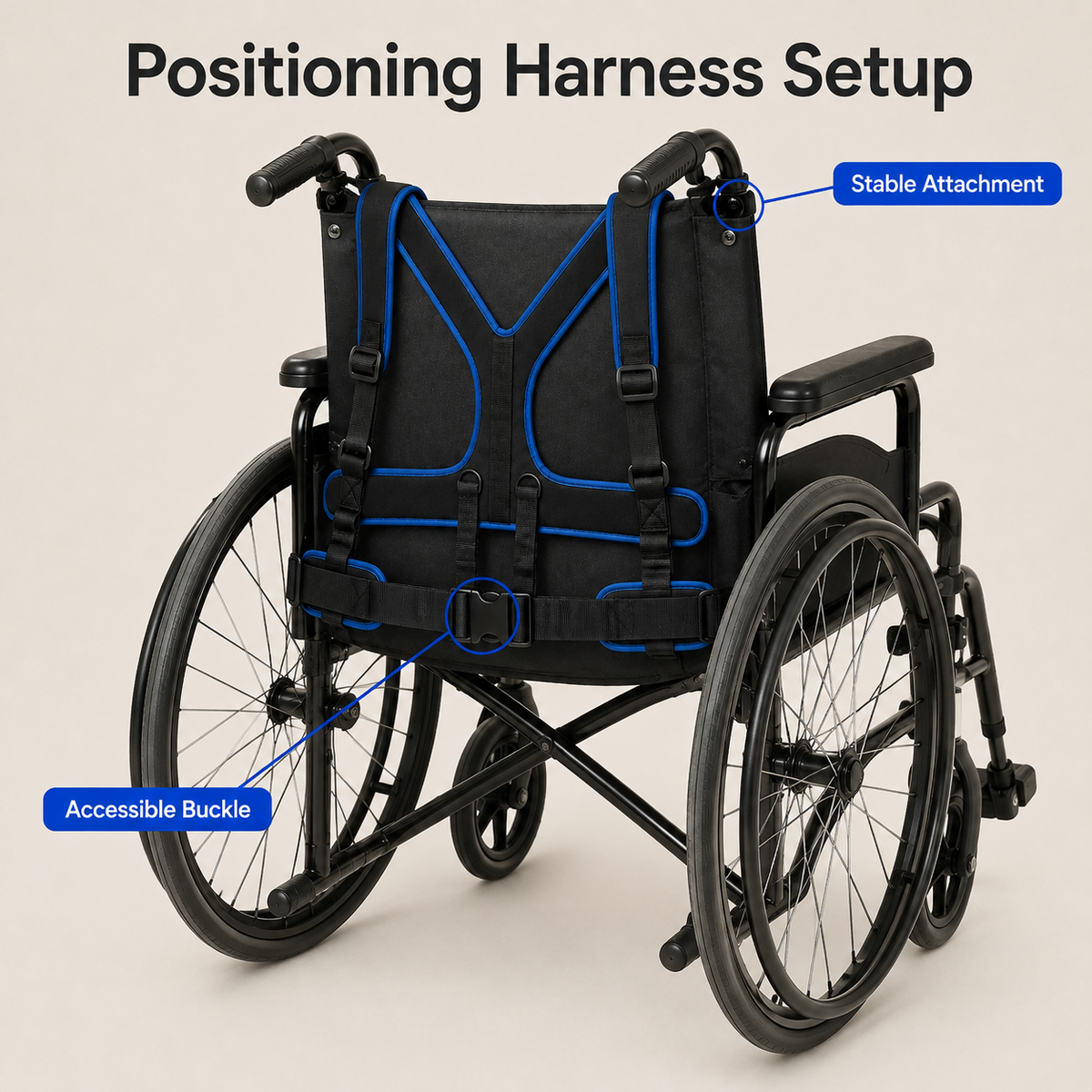 Rear-side setup view of the DeepTireh DT-A003 positioning harness routed to stable attachment points on a compatible wheelchair frame
