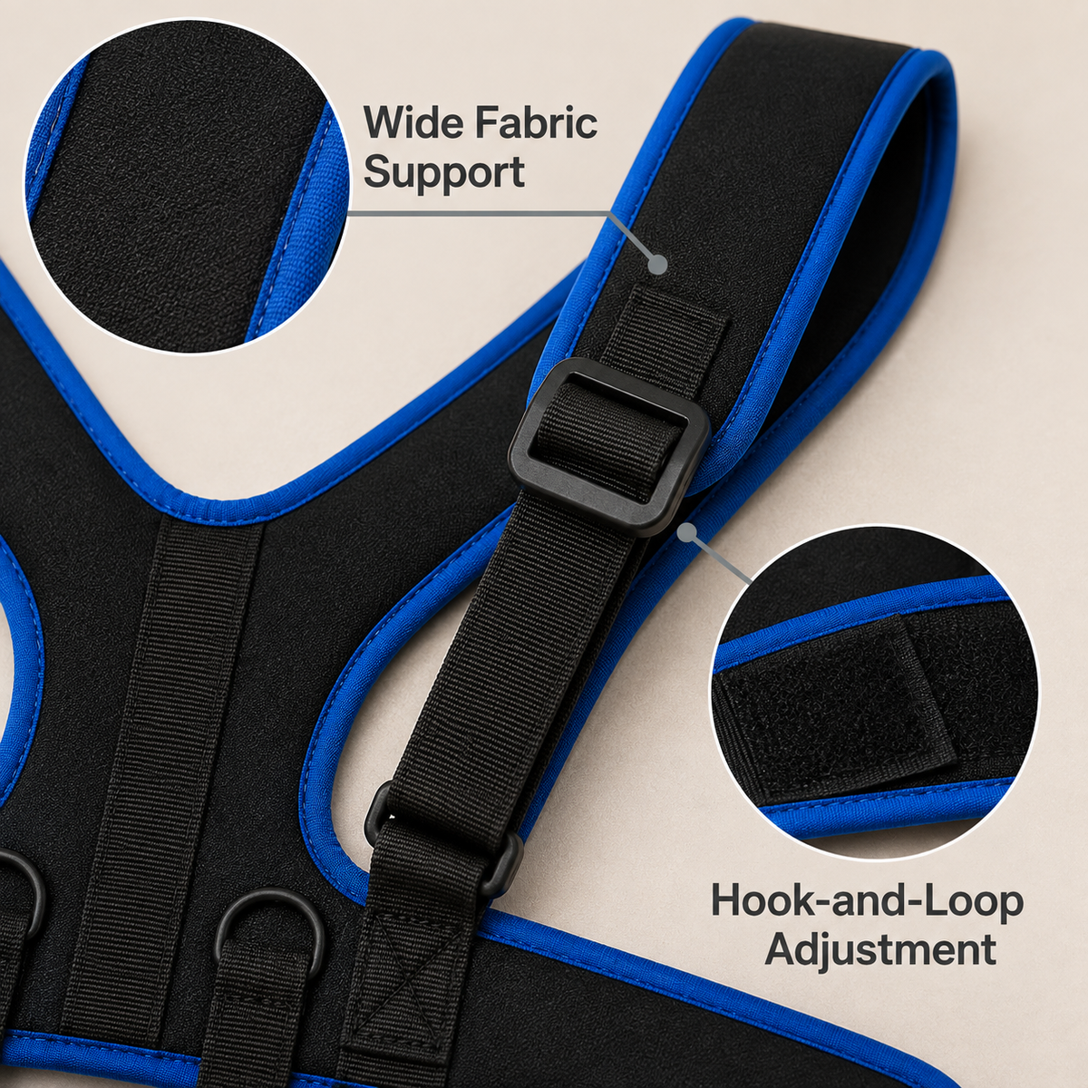 Close-up of the wide black fabric, blue edge binding, adjustment buckle, and hook-and-loop panel on the DeepTireh DT-A003 positioning harness