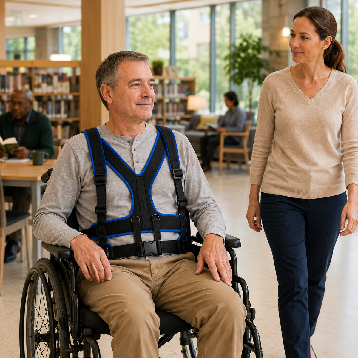 Man seated in a wheelchair wearing the DeepTireh DT-A003 positioning harness with a caregiver nearby in a community library