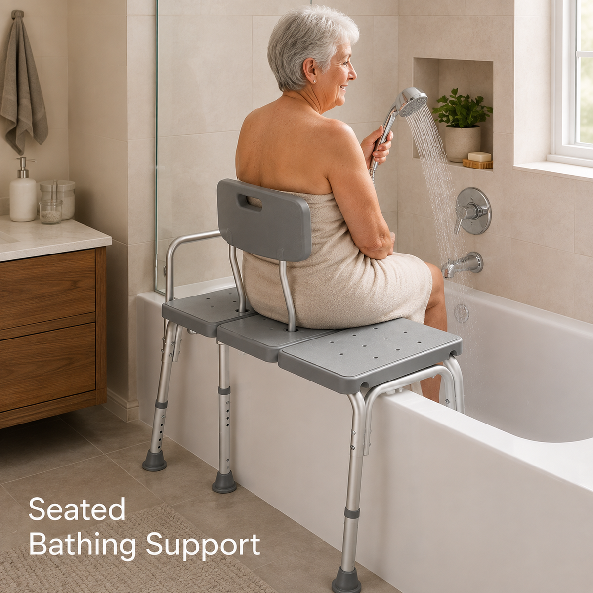 Older woman using a handheld shower while seated on the DeepTireh DT-B004 bathtub transfer bench