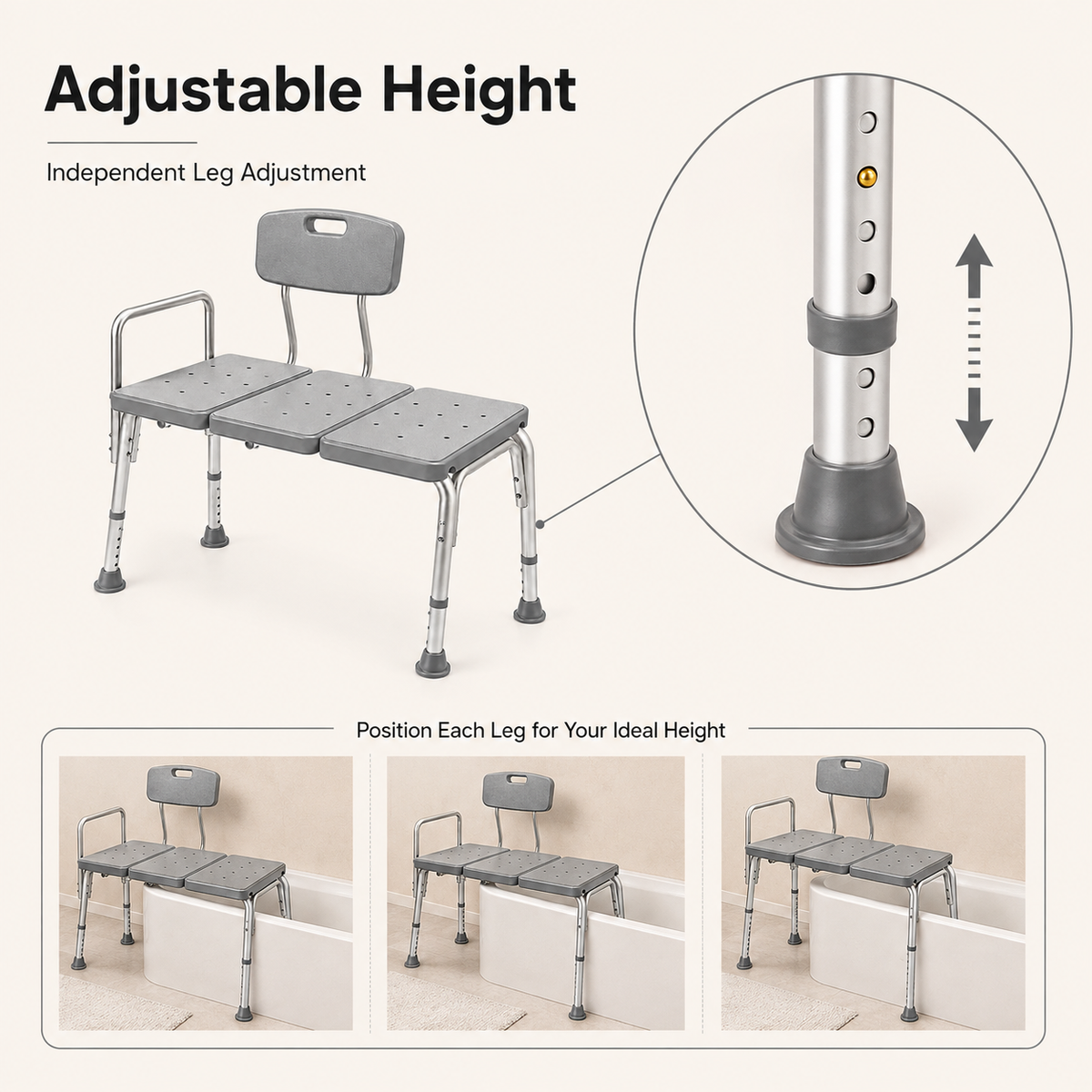 DeepTireh DT-B004 bathtub transfer bench with independently adjustable-height legs and push-button settings