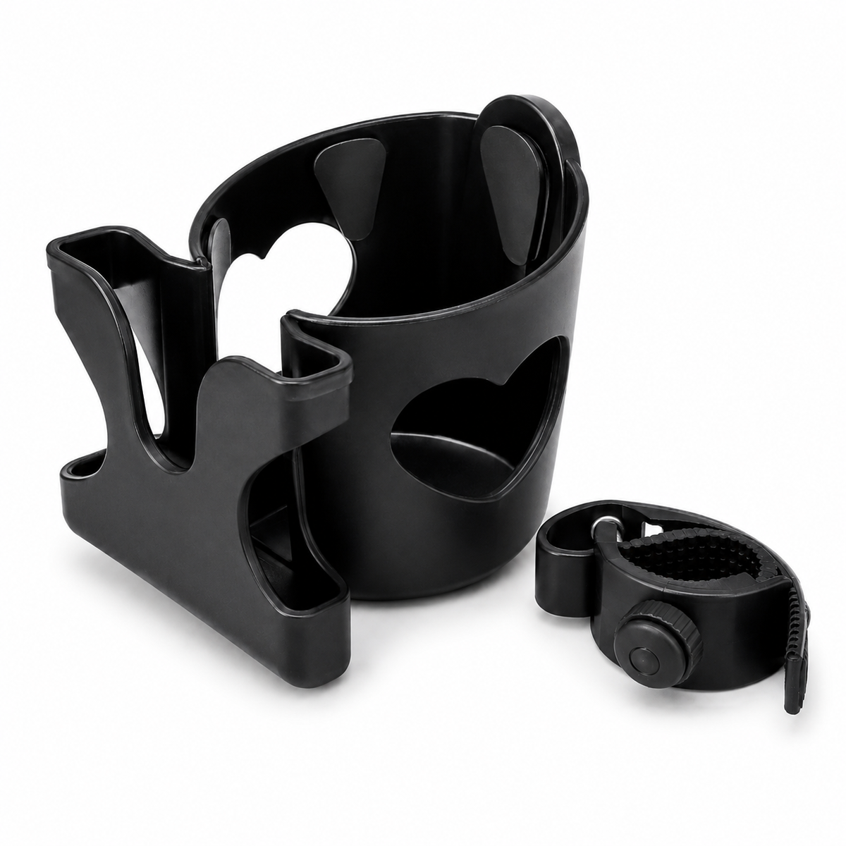 Black DeepTireh clamp-on cup and phone holder with a separate adjustable frame clamp on a white background.