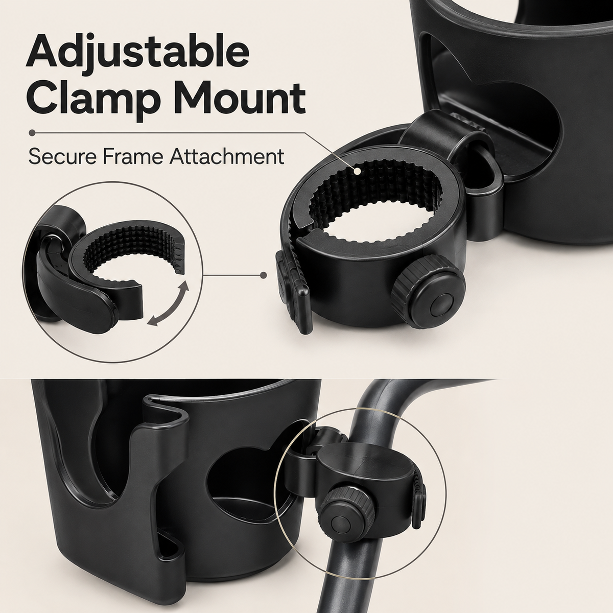 Close-up of the adjustable clamp mount attached around compatible round frame tubing.