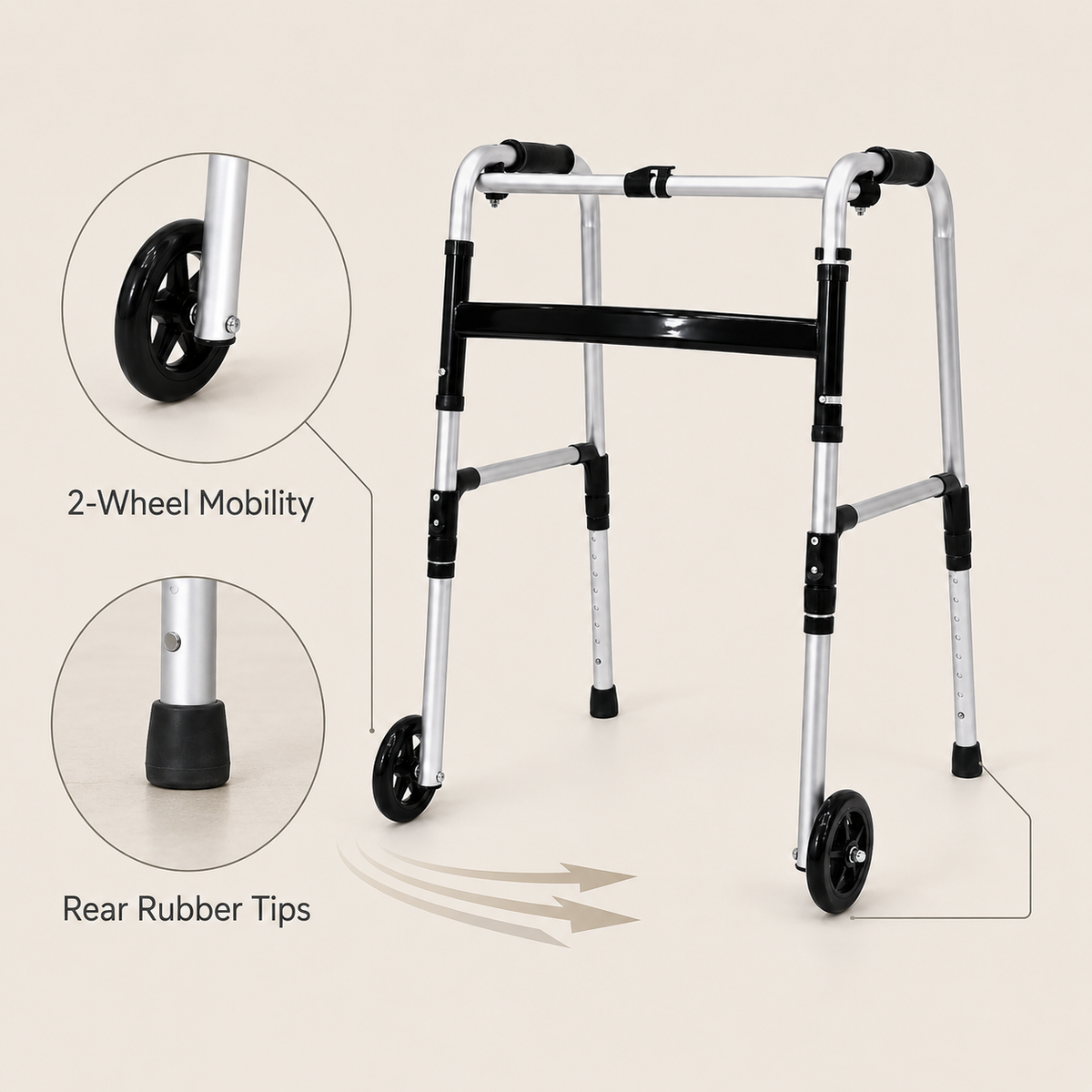 DeepTireh DT-M005 walker showing two front wheels and rear rubber tips for indoor mobility