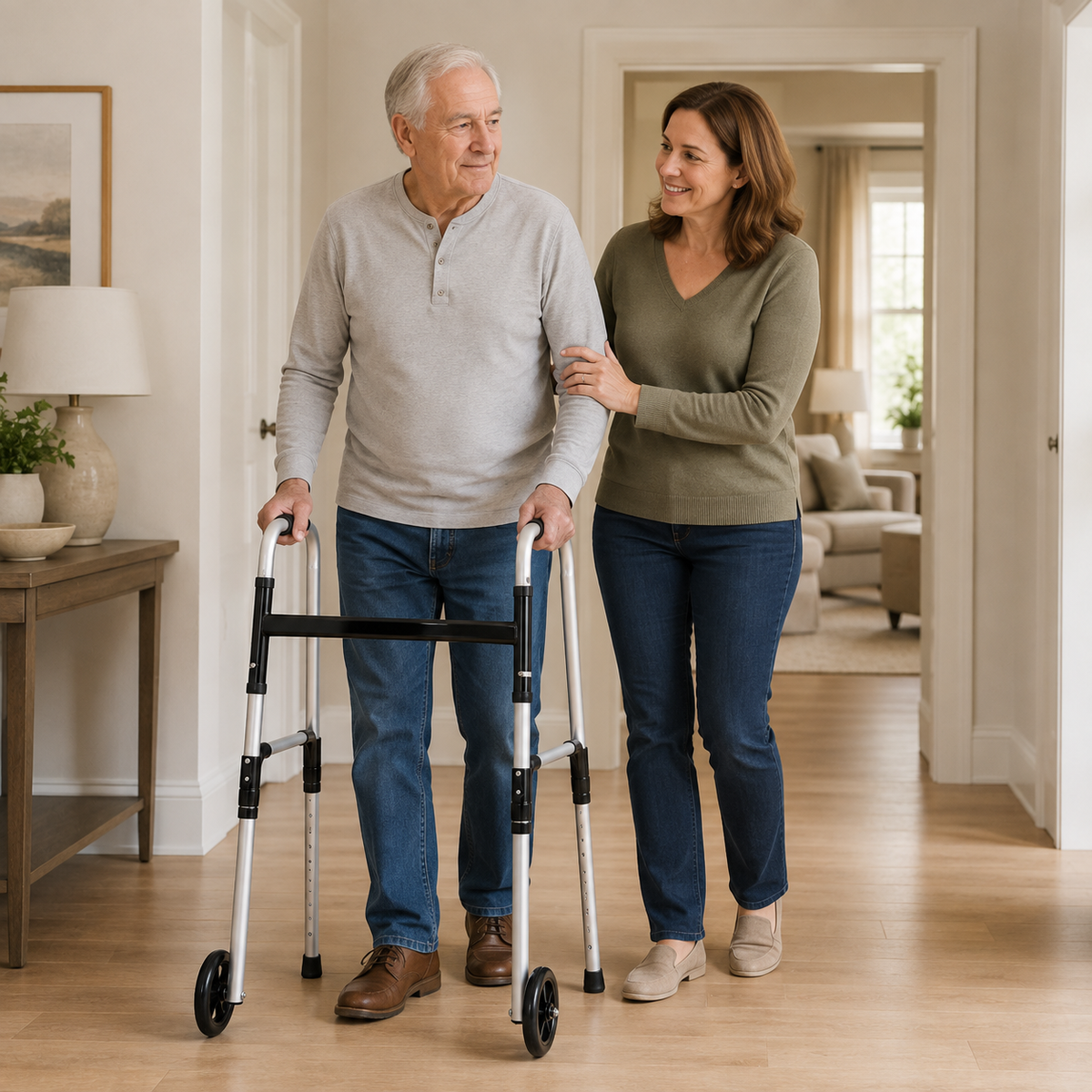 Older man using the DeepTireh DT-M005 2-wheel walker at home while a woman walks beside him