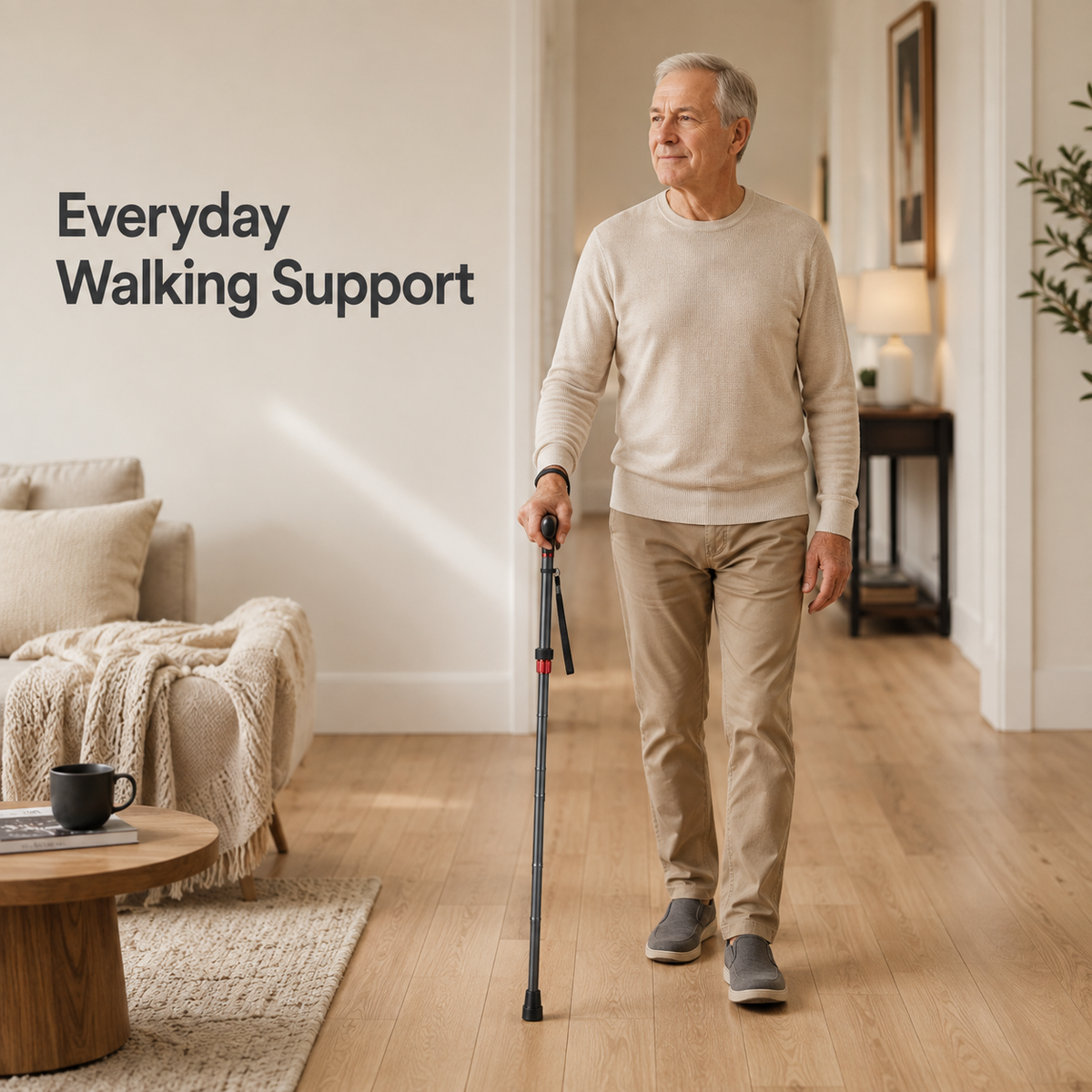 Older man walking indoors with a DeepTireh DT-M003 folding cane