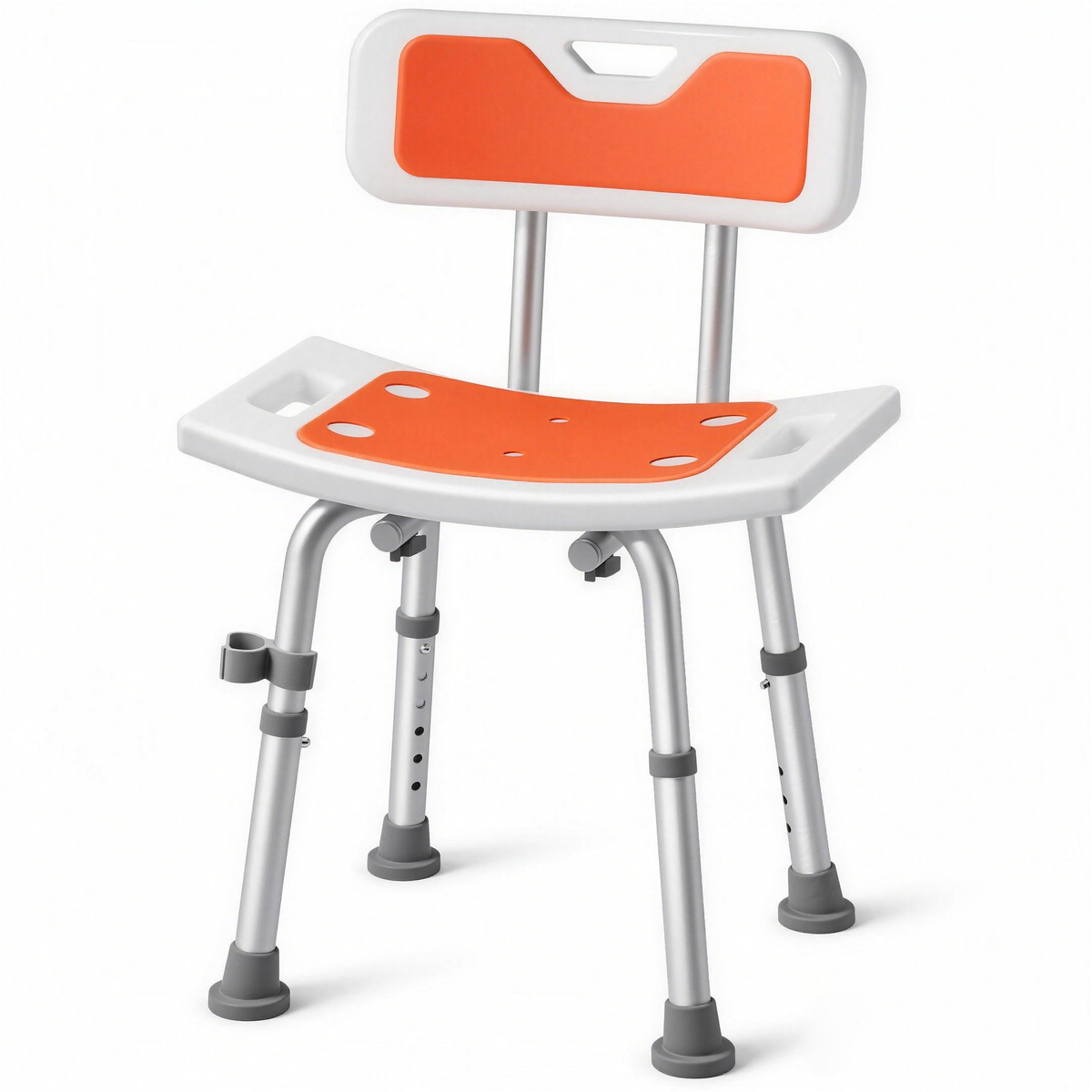 DeepTireh HY3412L shower chair with orange seat and backrest padding, a white frame and adjustable aluminum legs