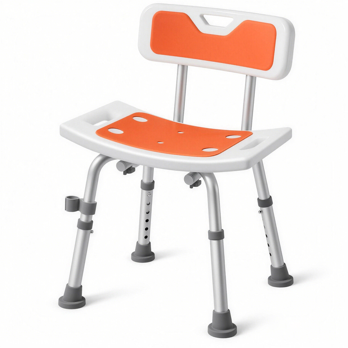 Angled front view of the DeepTireh HY3412L shower chair showing its orange padded seat, backrest and side handholds