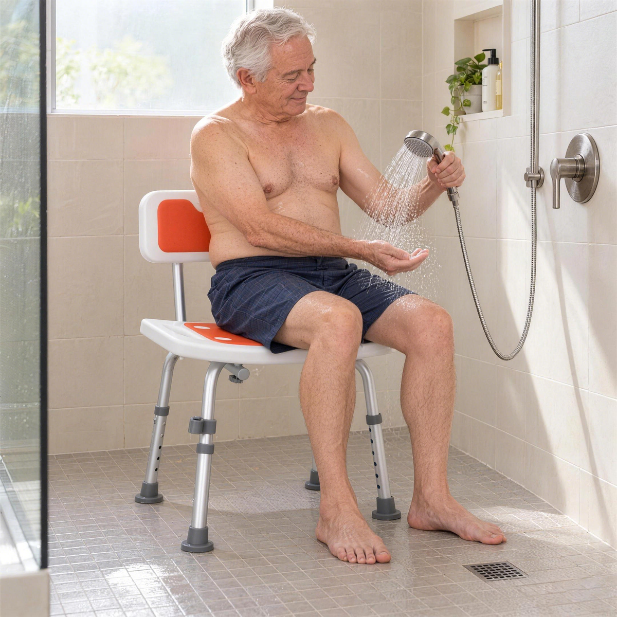 Older man seated on a DeepTireh HY3412L shower chair while rinsing his hand with a handheld showerhead