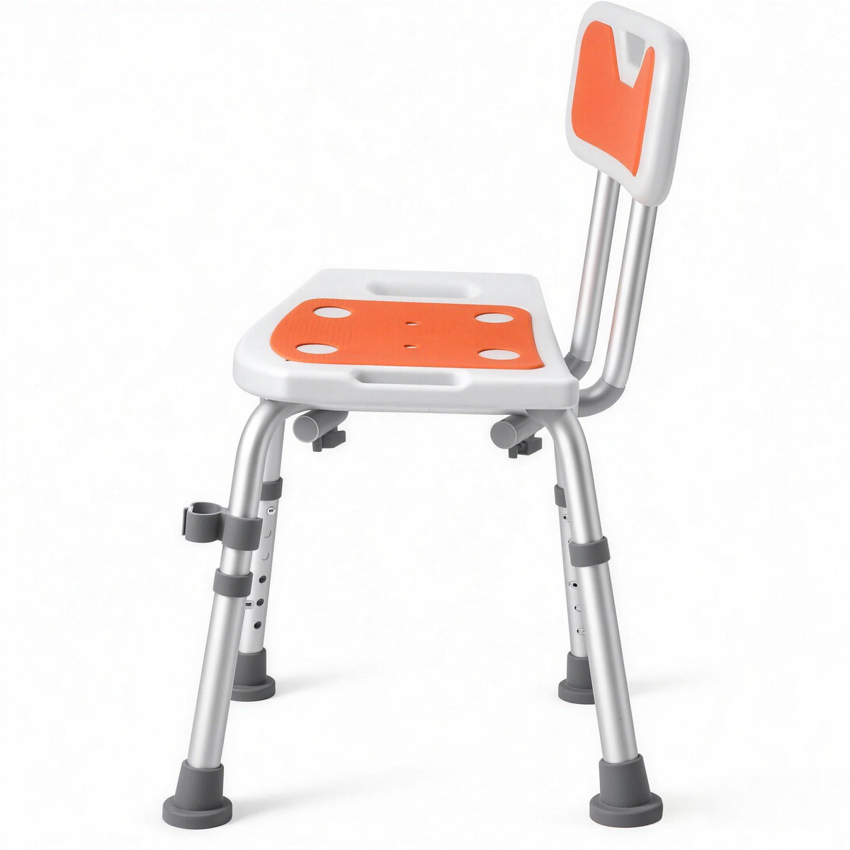 Angled side view of the DeepTireh HY3412L shower chair showing seat drainage holes and a showerhead holder
