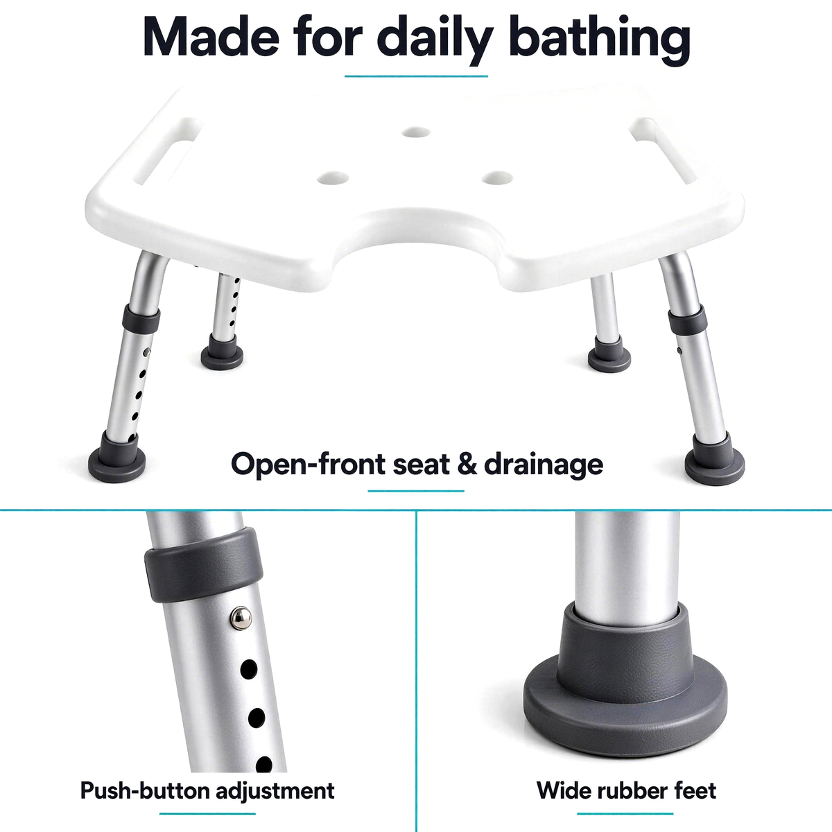 Feature views of the DeepTireh HY3414L shower stool with an open-front seat, adjustable legs and wide rubber feet