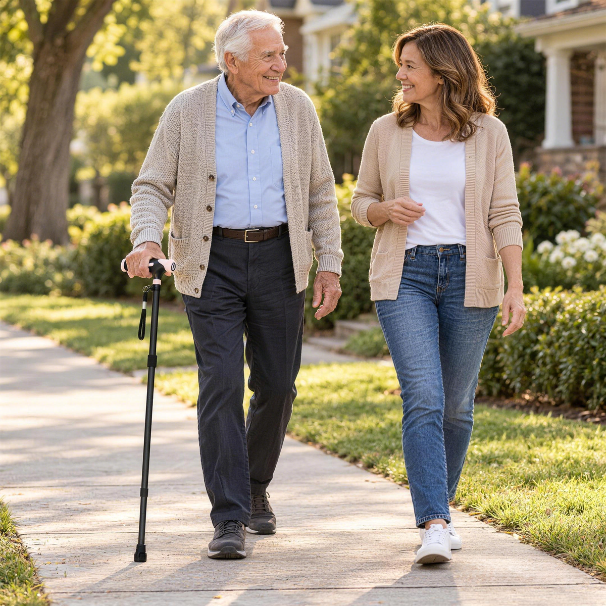 Older man using a DeepTireh HY7220L walking cane on a neighborhood sidewalk with a younger woman beside him