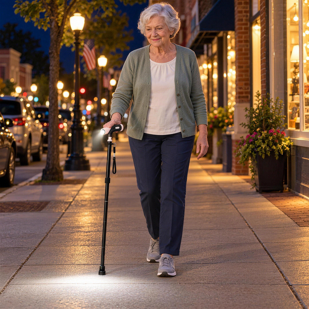 Older woman walking on a sidewalk at night with a DeepTireh HY7220L cane and its LED light illuminating the pavement