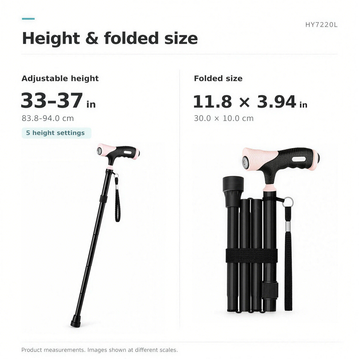 DeepTireh HY7220L size guide showing adjustable cane height and folded dimensions