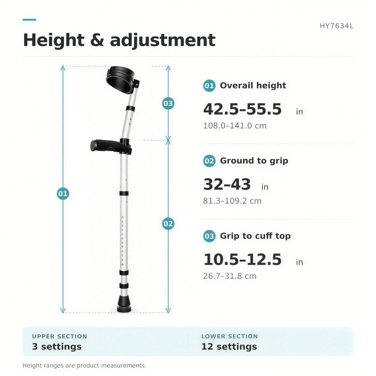 DeepTireh HY7634L adjustment diagram showing overall height, ground-to-grip height and grip-to-cuff height