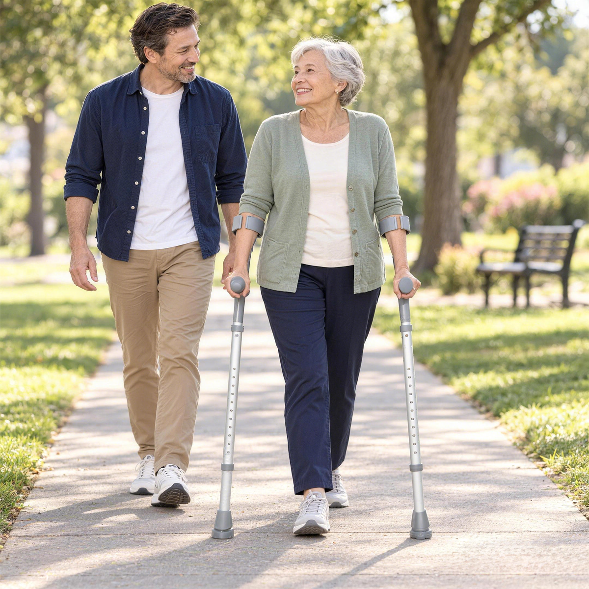 Older woman using DeepTireh HY7636L forearm crutches on a park path with a younger man walking beside her