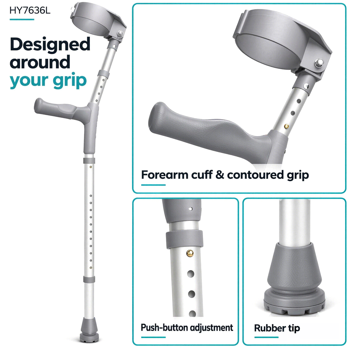 Close-ups of the DeepTireh HY7636L forearm cuff, contoured handgrip, push-button adjustment and rubber tip